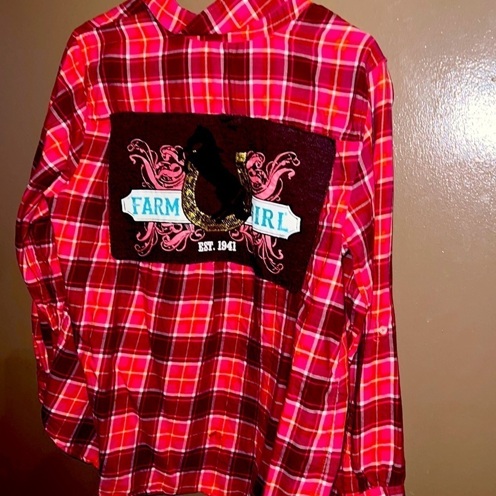 Up cycled flannel shirt with farm girl patch